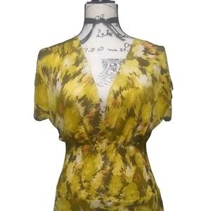 Veronica M Deep V Neck Ruched Waist Midi Dress Short Flutter Sleeves Size Small